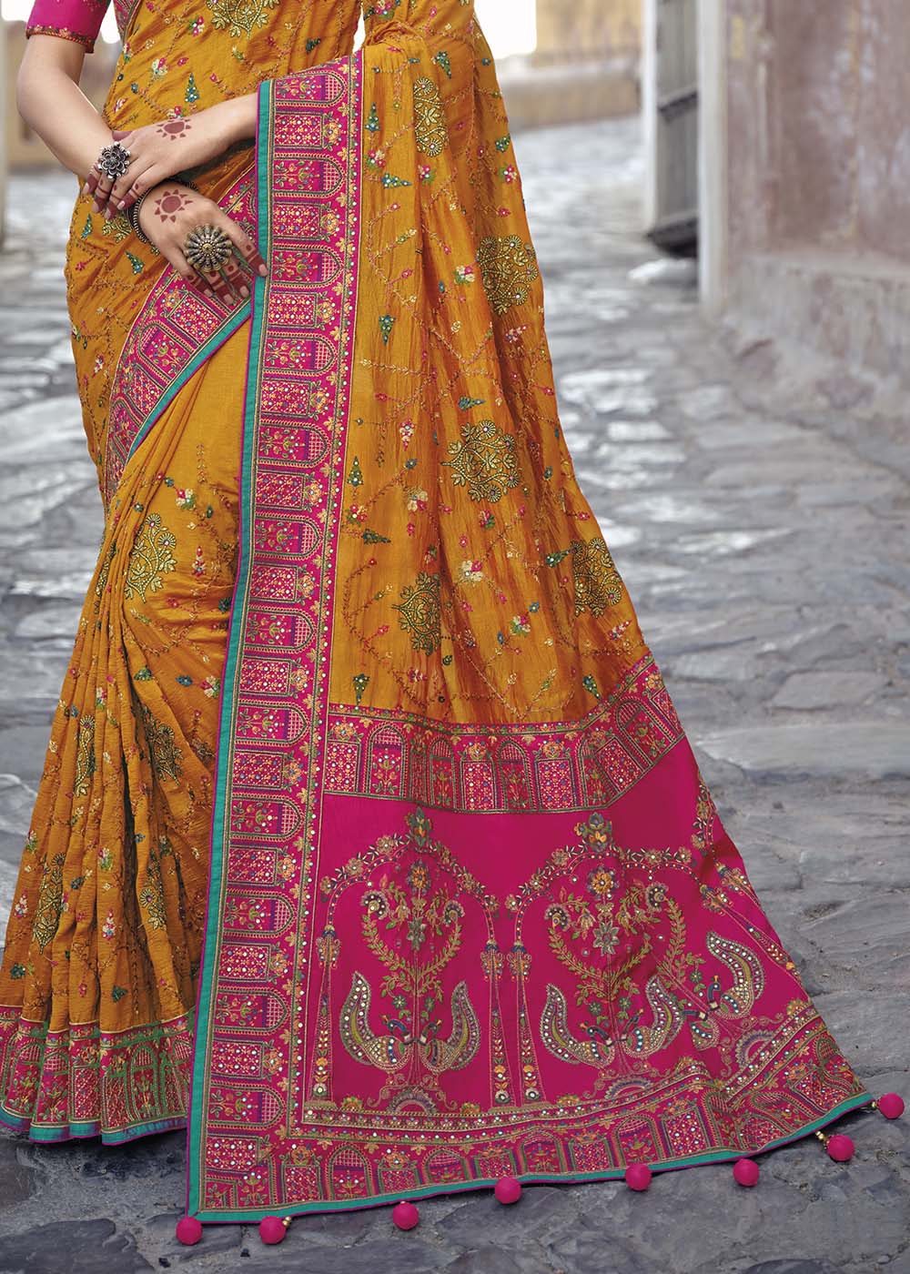 Punch Yellow Banarasi Saree with Kachhi,Mirror and Diamond Work