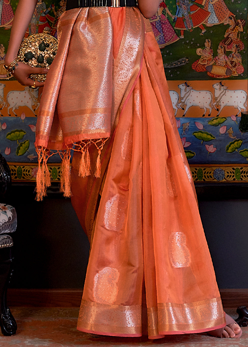 Coral Orange Woven Banarasi Organza Silk Saree