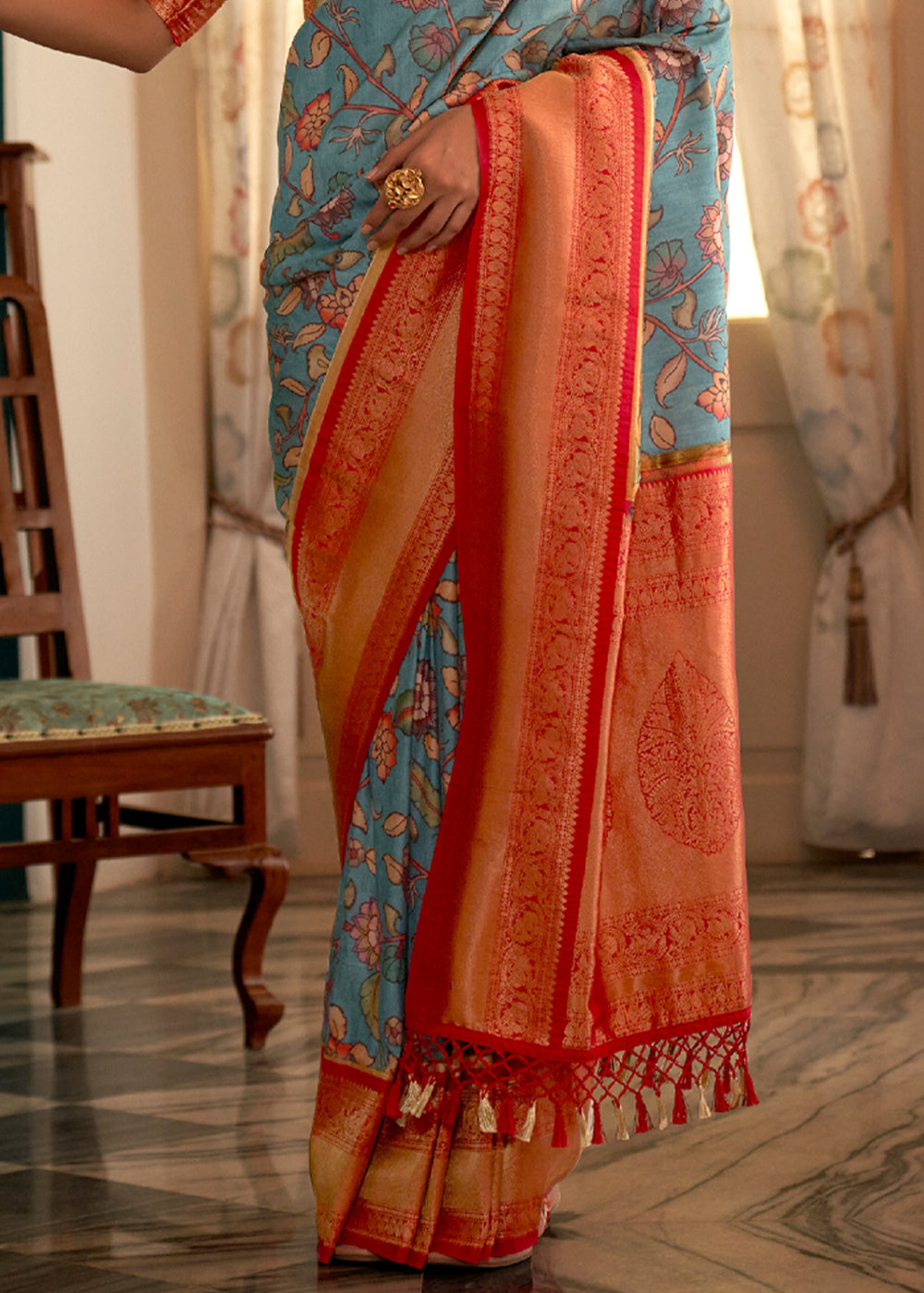 Surf Blue and Red Woven Banarasi Tussar Silk Kalamkari Saree