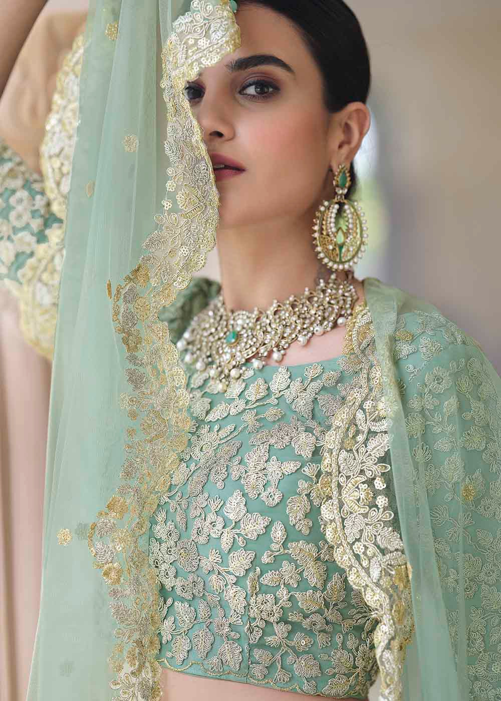 Oxley Green Soft Net Designer Lehenga Choli With Dori & Sequins Work