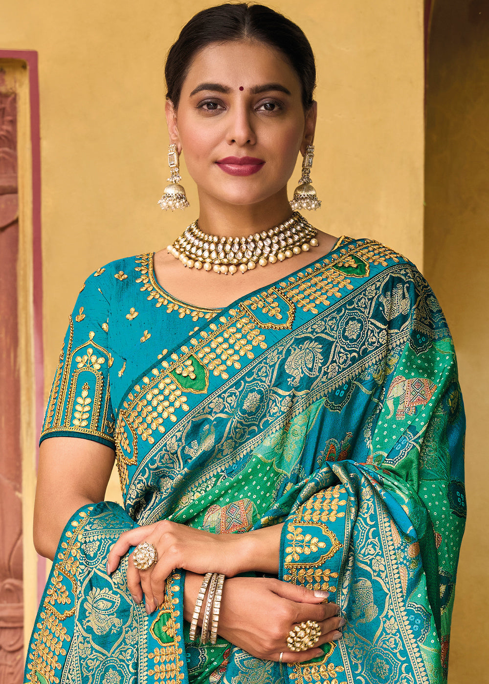 Acapulco Blue Green Embroidered Dola Silk Saree