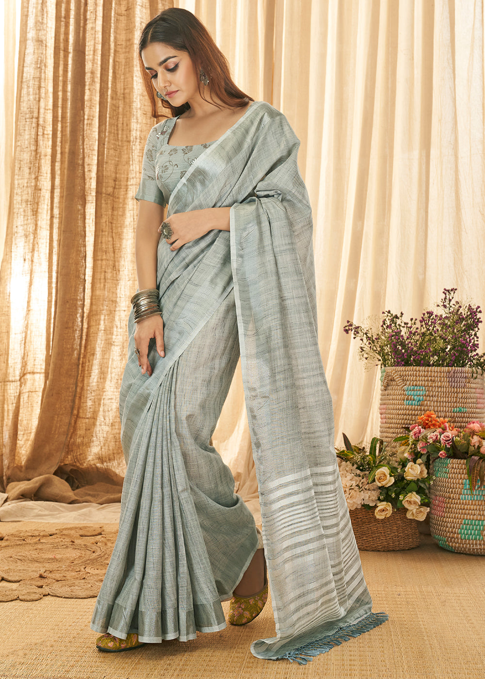 Celeste Grey Zari Woven Linen Saree