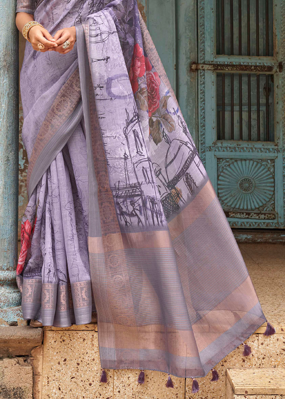 Glossy Grape Purple  Floral Printed Linen Silk Saree