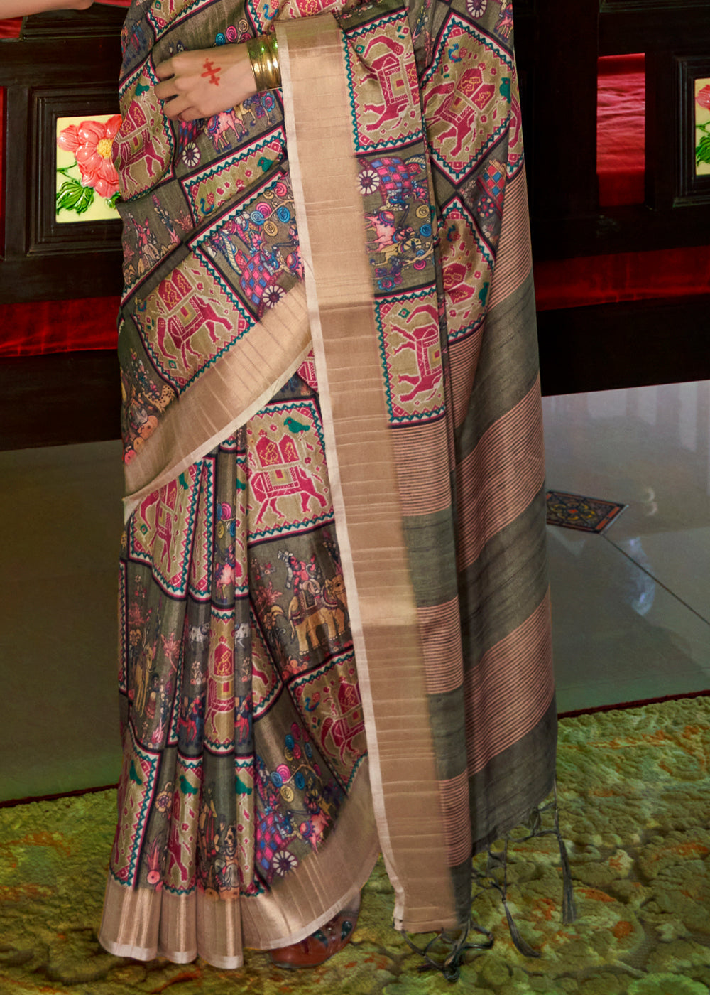 Thatch Brown and Green Designer Printed Silk Saree