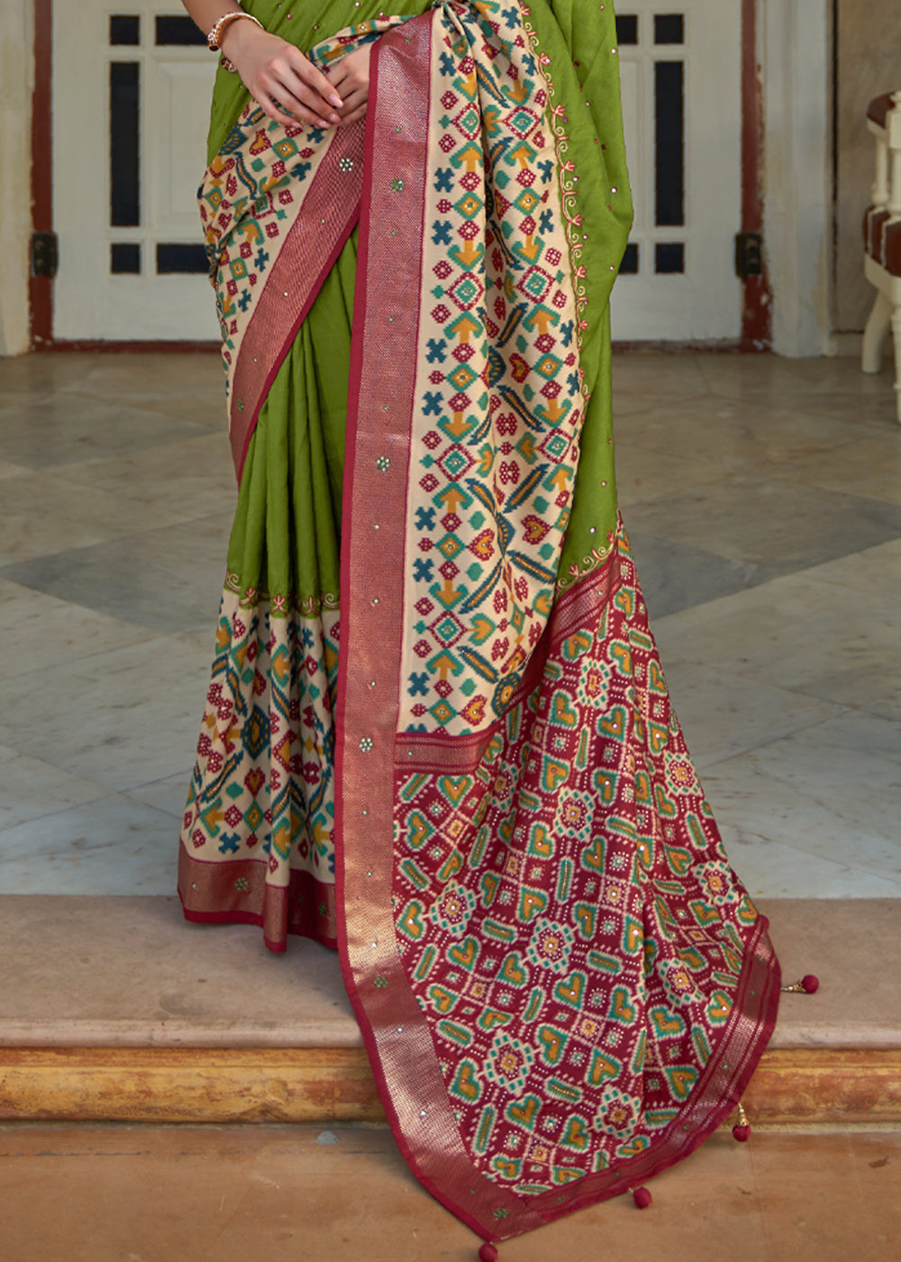 Olive Green and Red Woven Patola Silk Saree