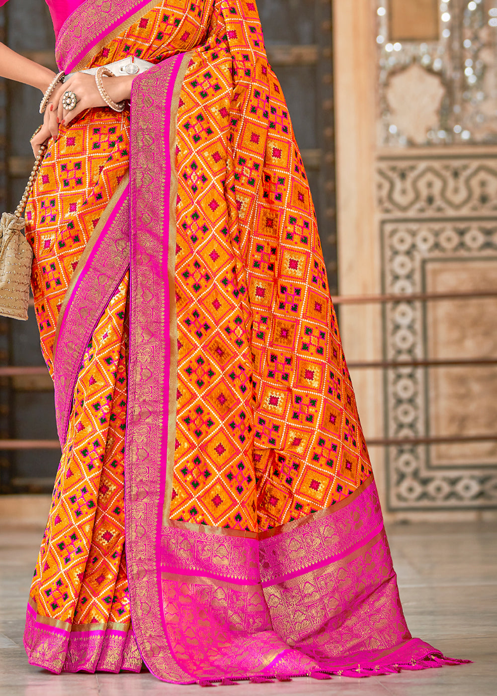 Tango Orange and Pink Zari Woven Patola Saree