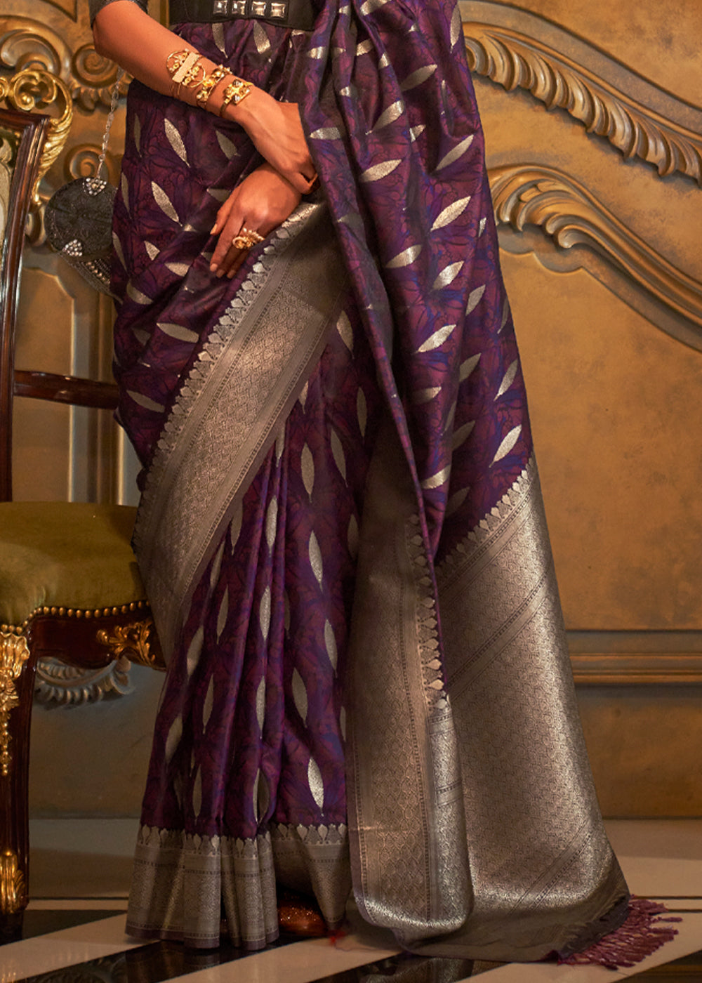 Woody Purple Banarasi Satin Silk Saree