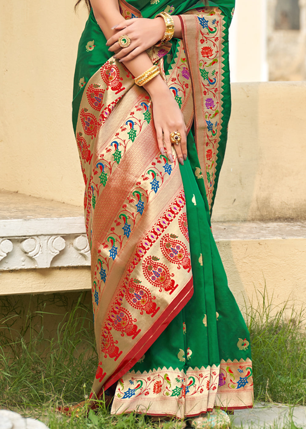 Fruit Green and Red Zari Woven Banarasi Paithani Saree