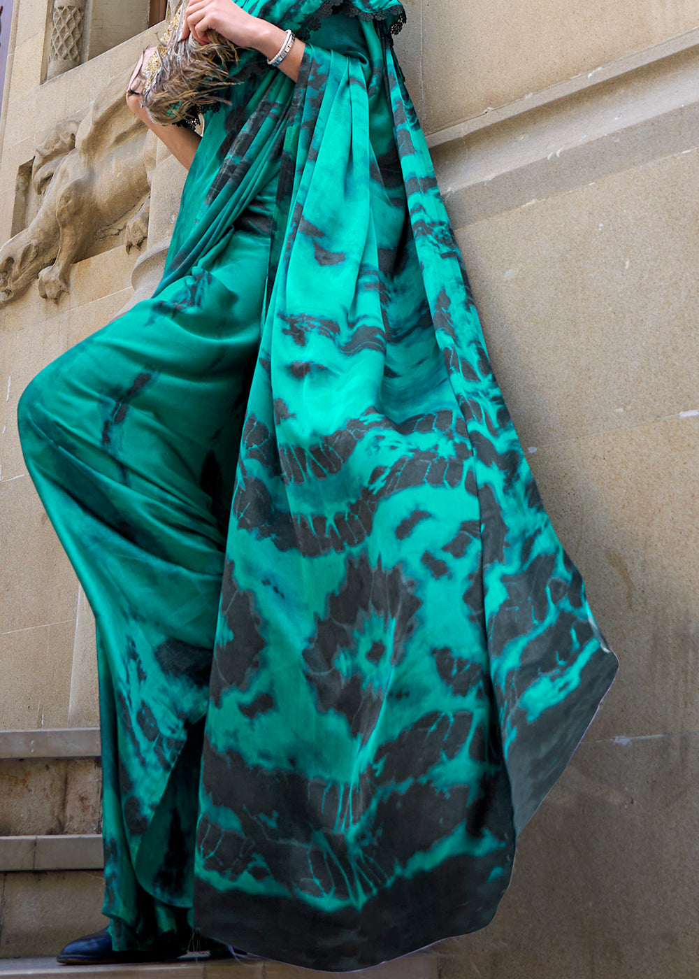 Turquoise Green Printed Satin Crepe Sarees