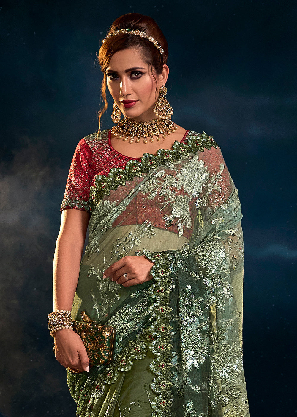 Creek Green Designer Silk Saree with Sequence Pallu