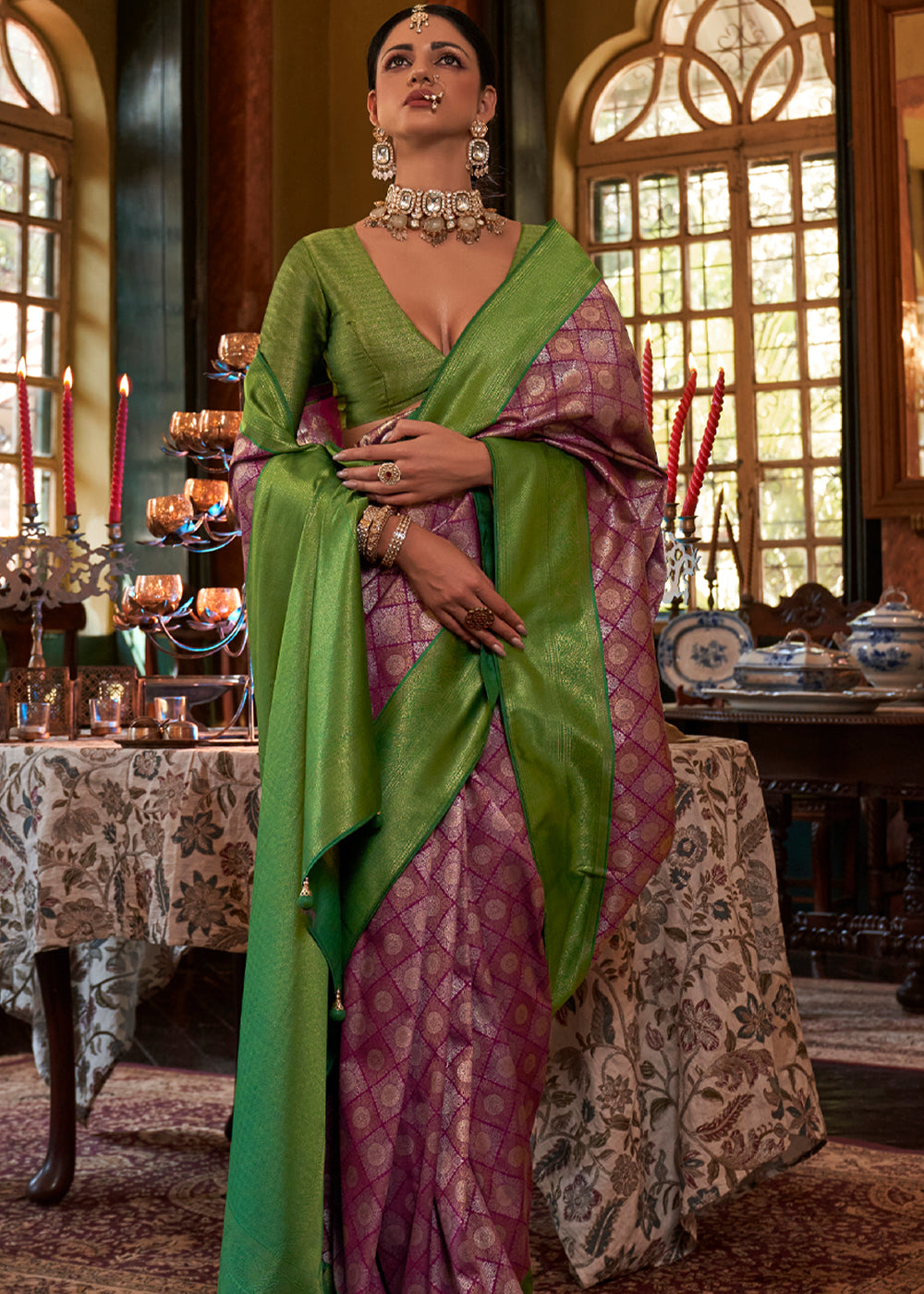 Rust Purple and Green Woven Kanjivaram Saree