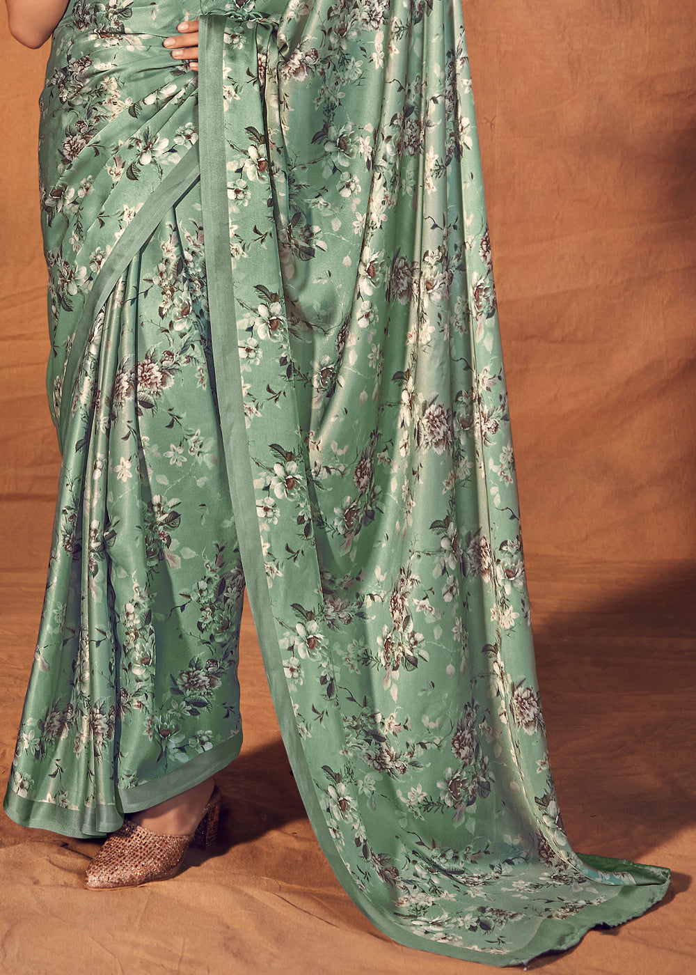 Battleship Green Digital Printed Satin Silk Saree