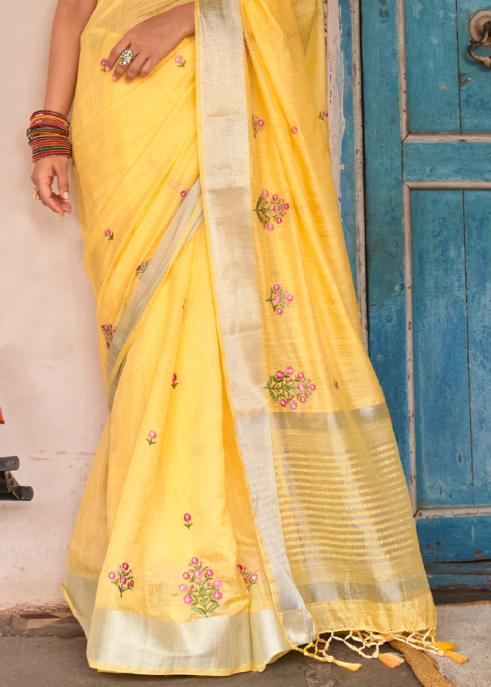 Dandelion Yellow Floral Embroidered Linen Saree