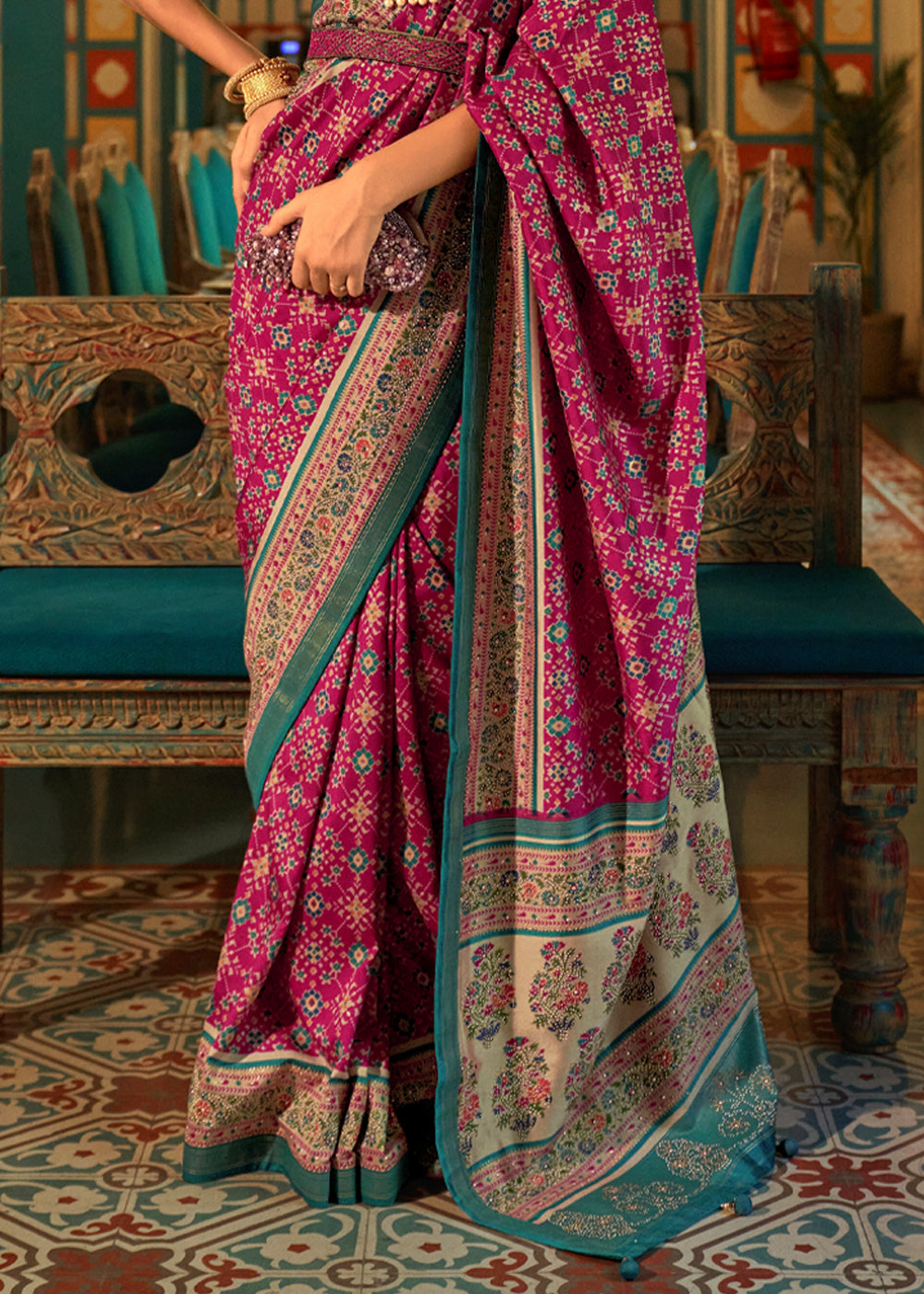 Shimmer Pink and Blue Woven Patola Silk Saree