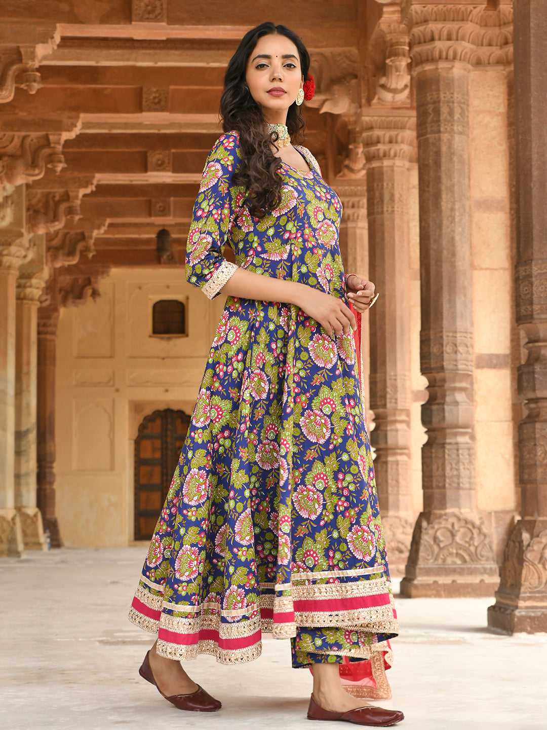 East Bay Blue Cotton Floral Block Salwar Suit