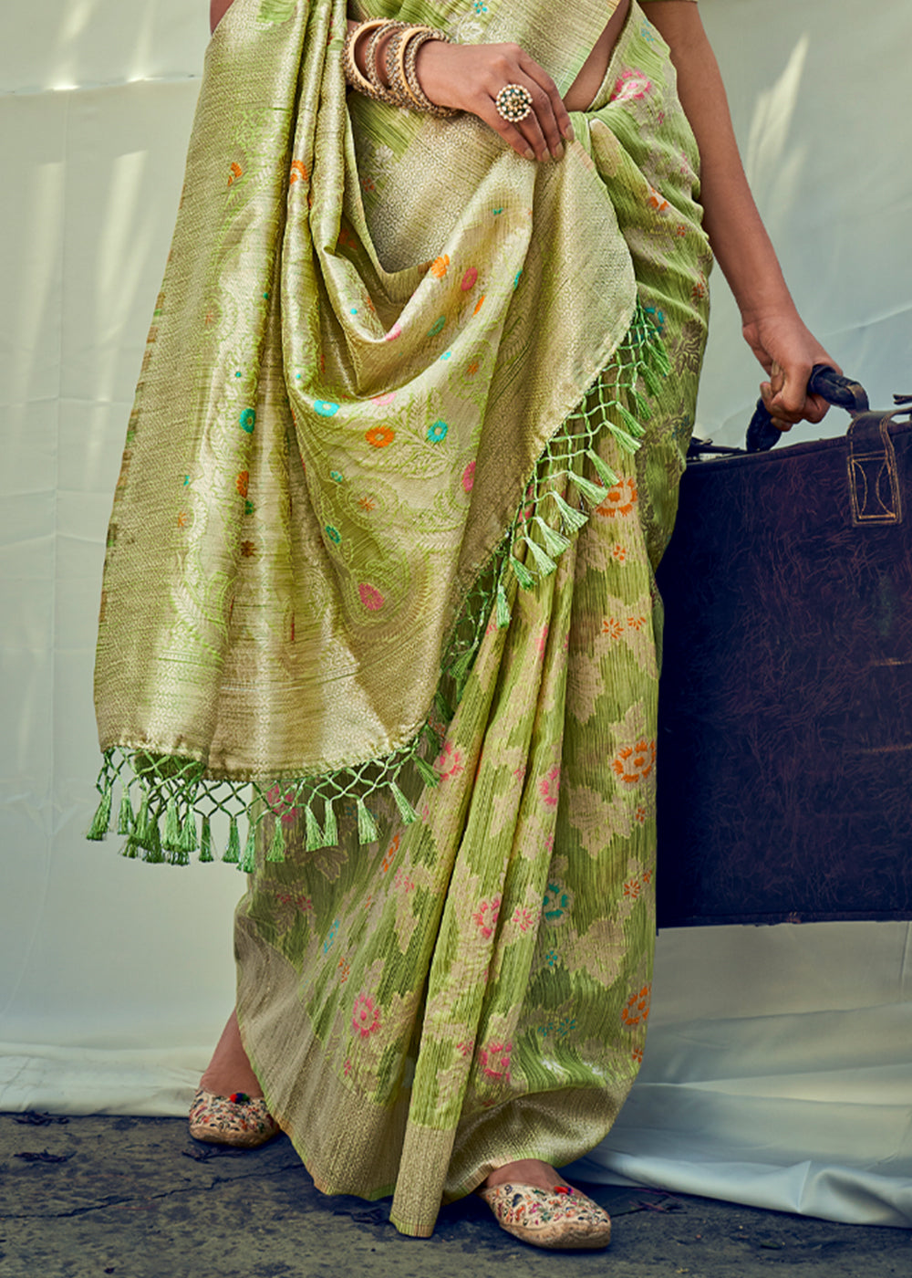 Wild Willow Green Zari Woven Banarasi Linen Saree