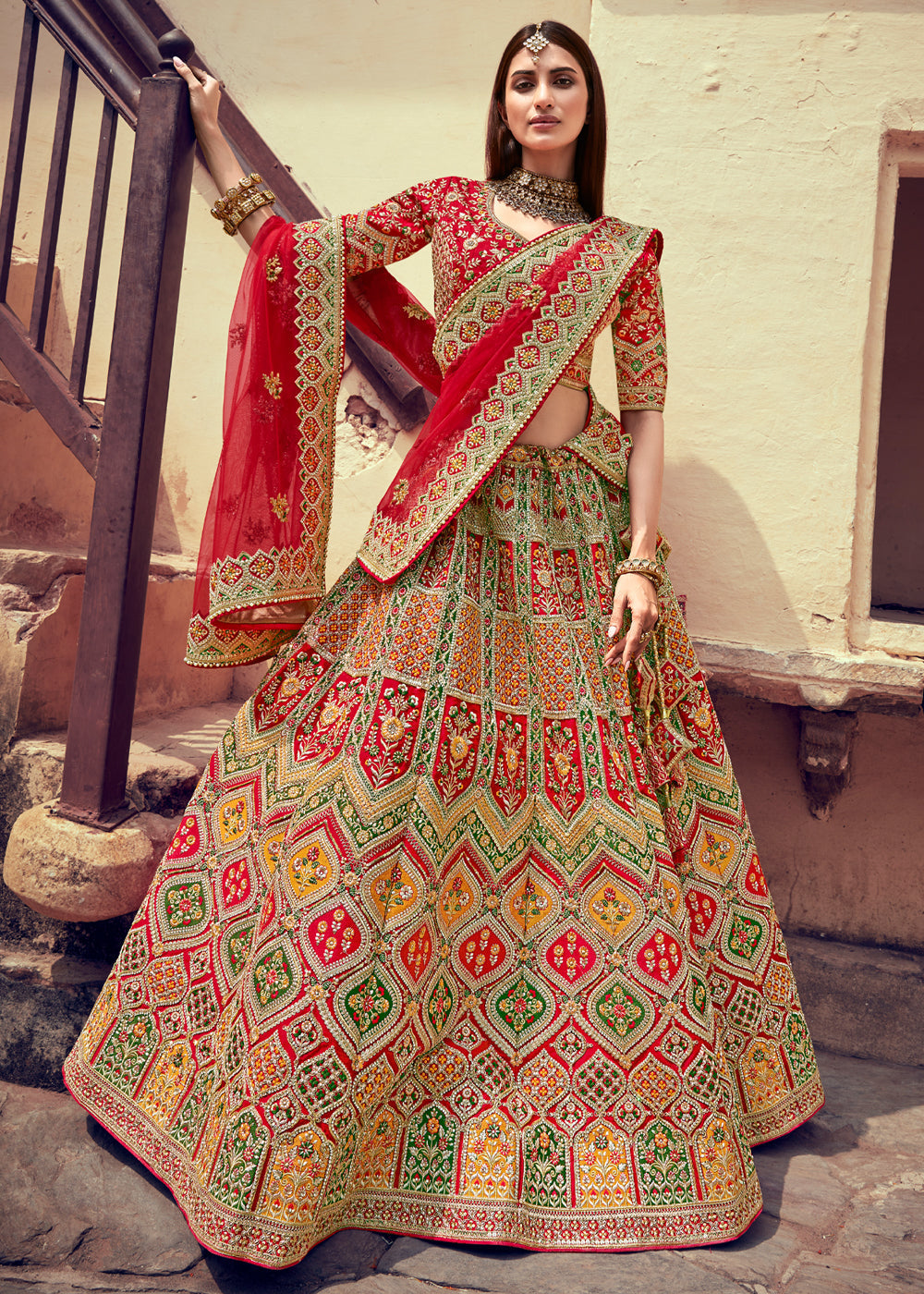 Tall Poppy Red and Orange Heavy Embroidered Designer Lehenga