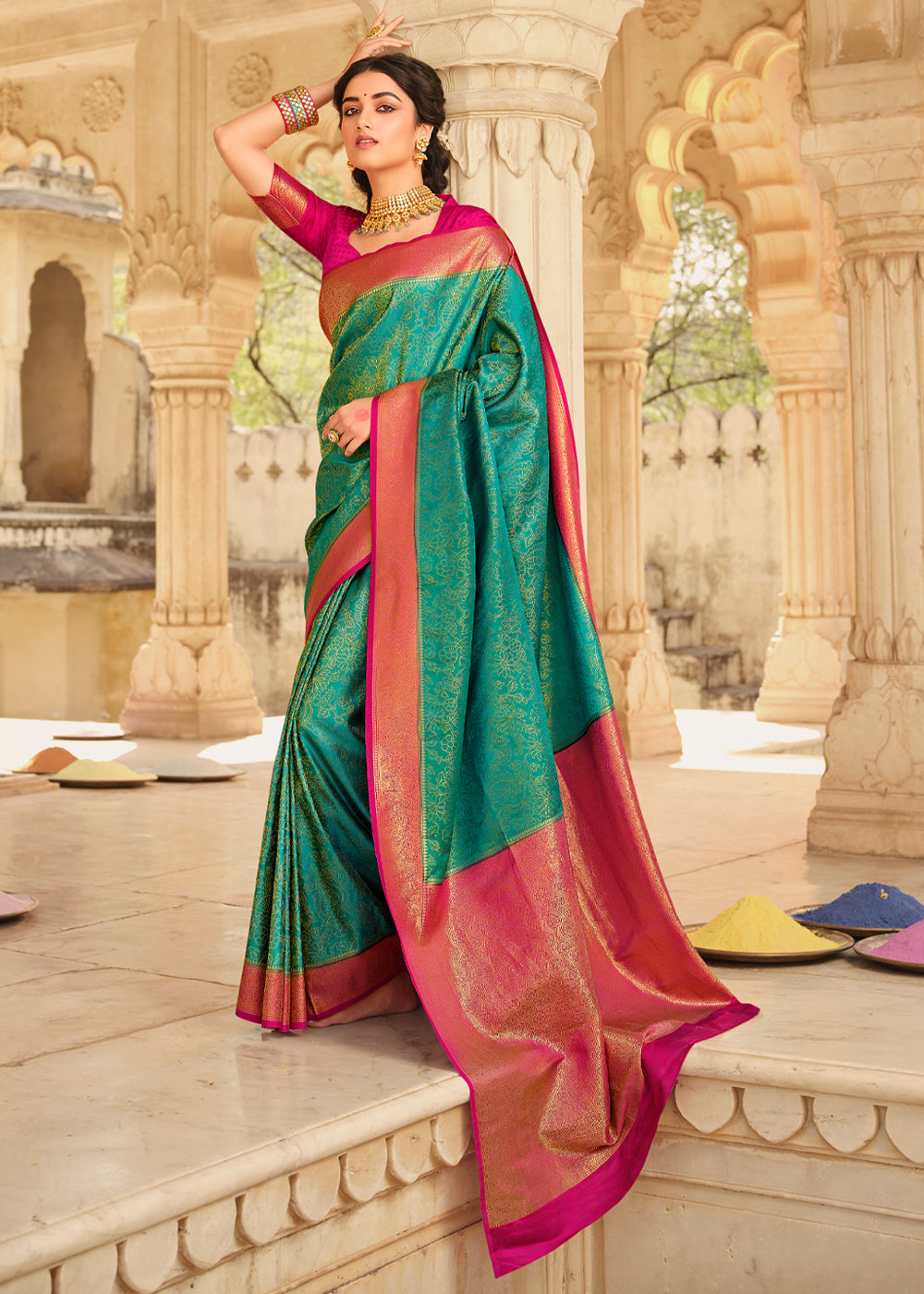 Emerald Blue & Pink Zari Woven Kanjivaram Saree