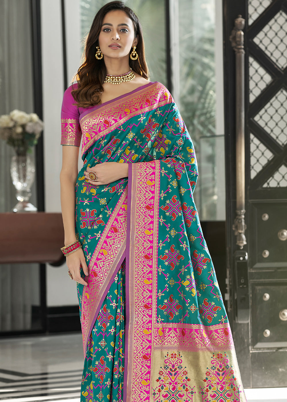 Paradiso Blue and Pink Zari Woven Banarasi Patola Saree