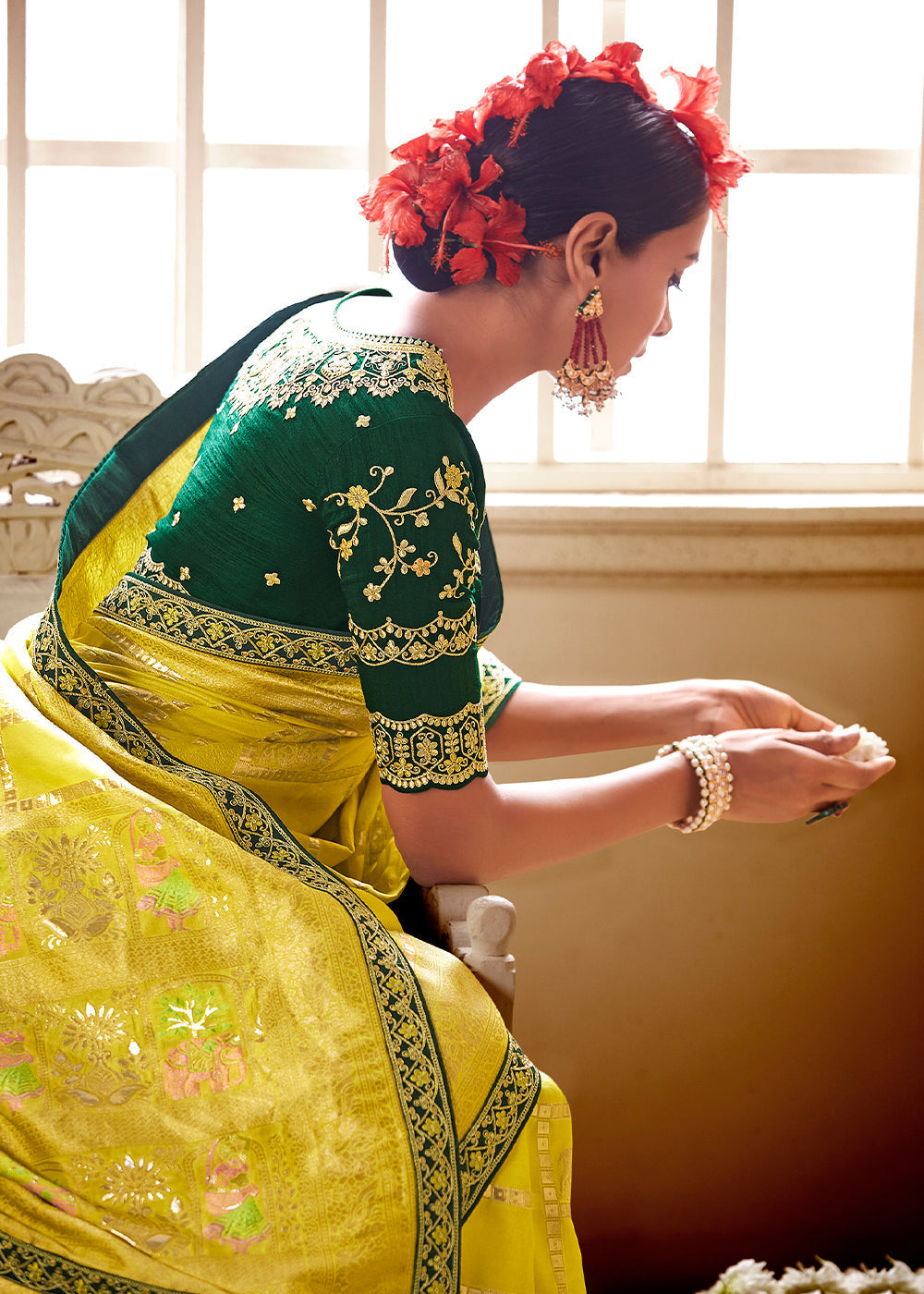 Grass Yellow and Green Banarasi Saree with Designer Blouse