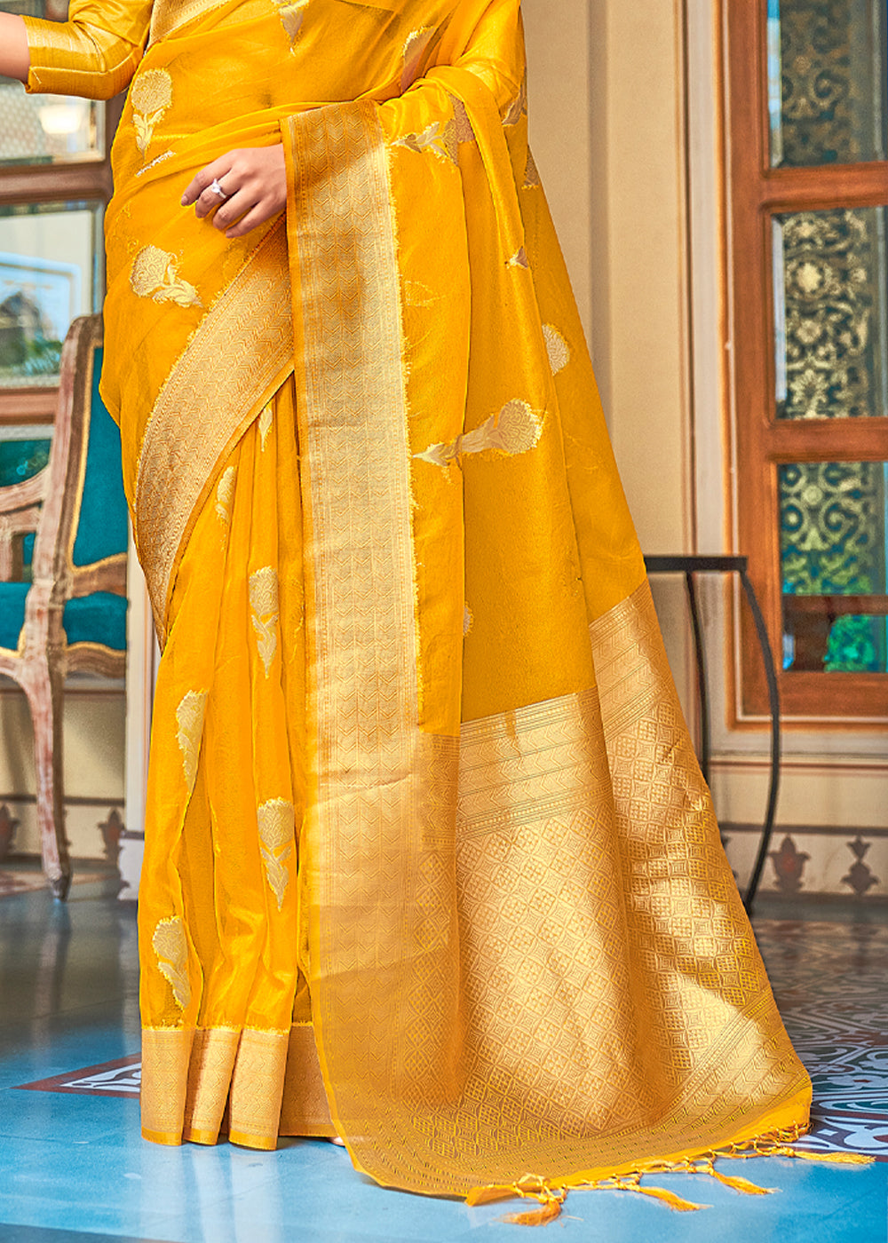 Glow Yellow Zari Woven Banarasi Organza Saree