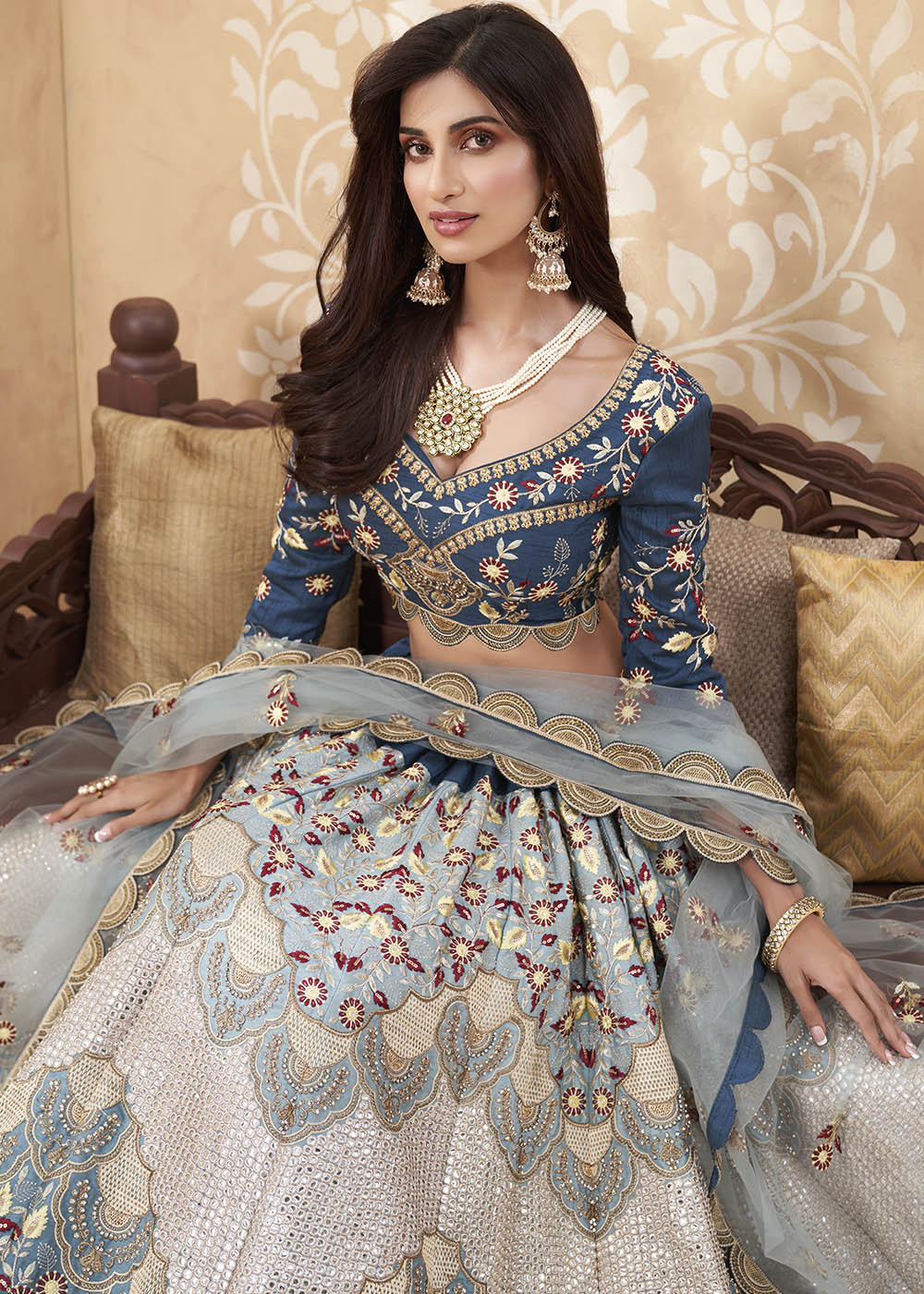 Fiord Blue and Grey Designer Net Lehenga with Multi Thread Embroidery Work