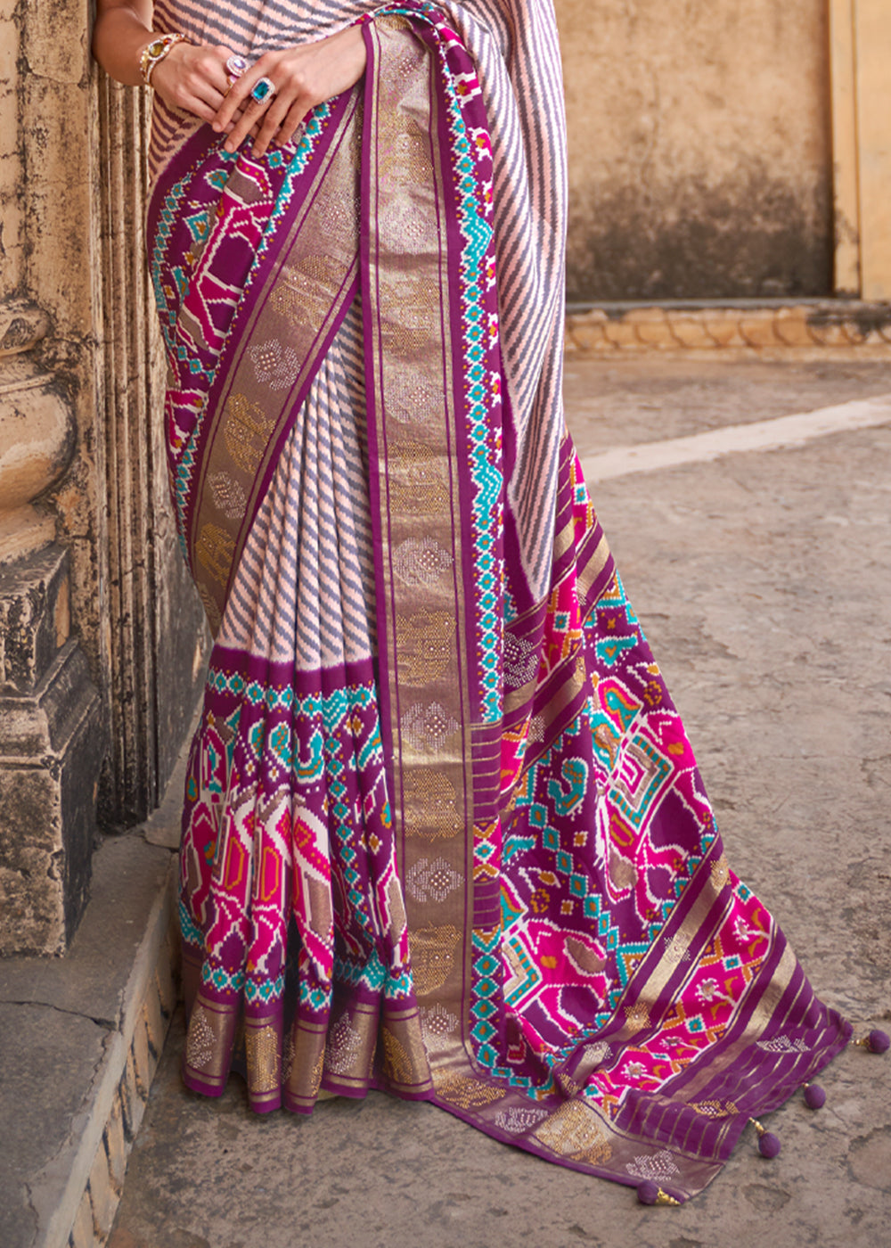 Eggplant White and Purple Zari Woven Patola Saree