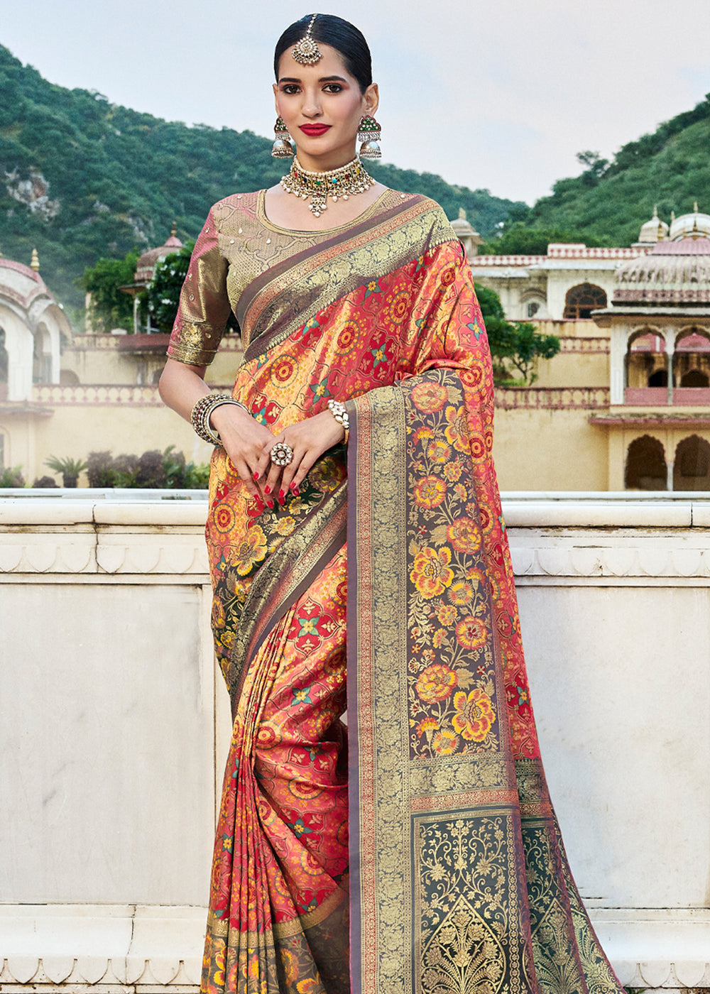 Raw Orange Red Designer Banarasi Saree