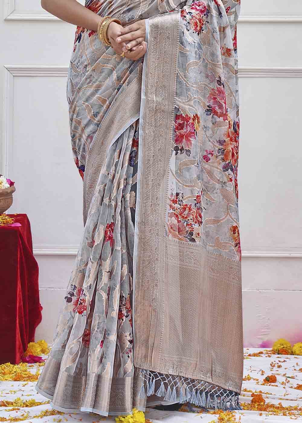 Quick Silver Grey Digital Printed Organza Silk Saree