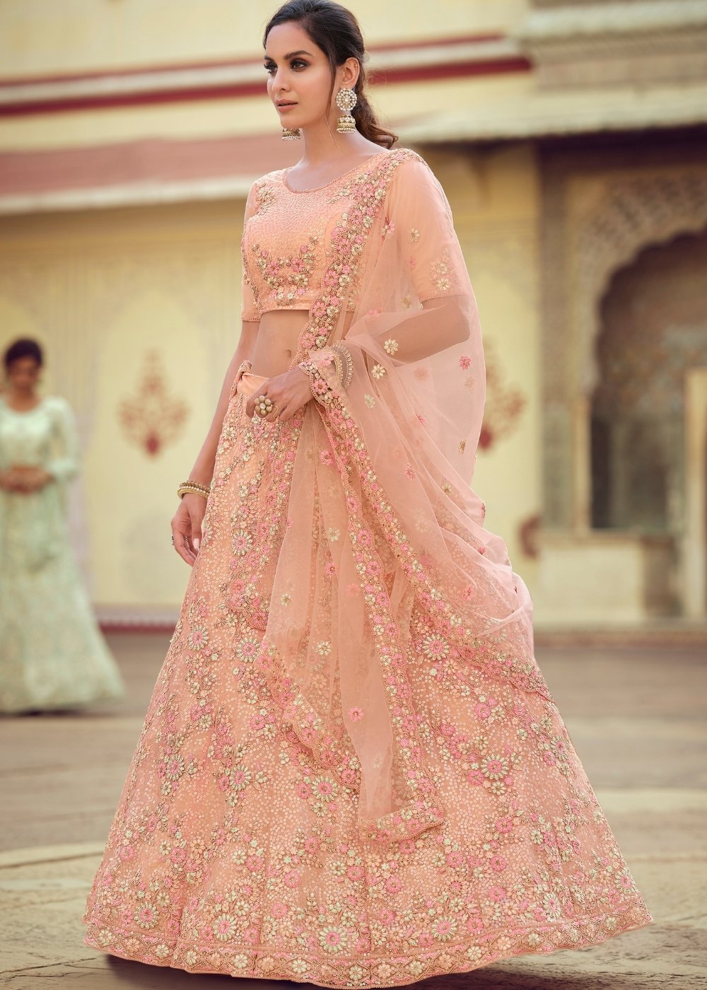 Flower Peach Soft Net Designer Lehenga Choli