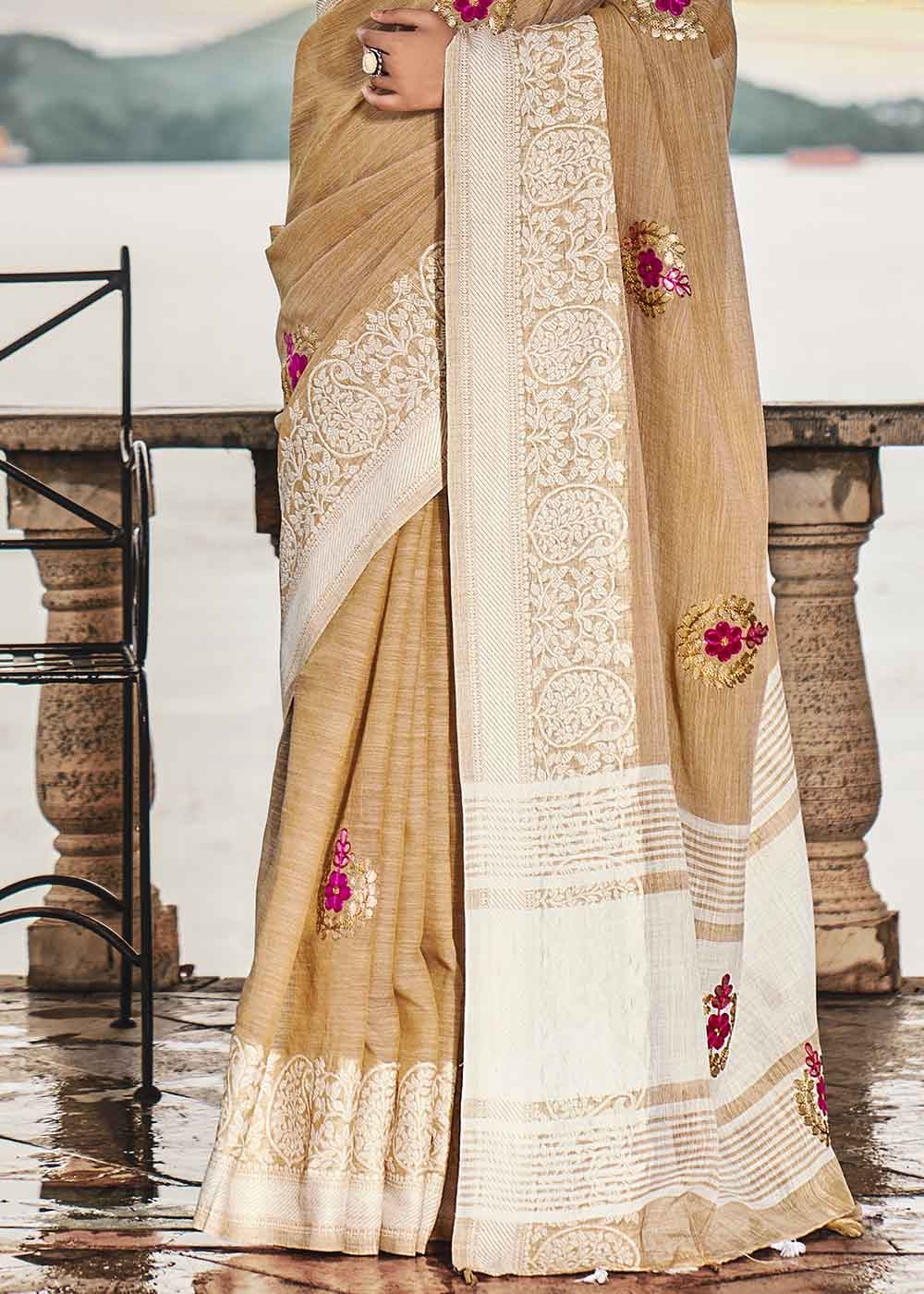 Twine Cream Zari Woven Soft Linen Silk Saree