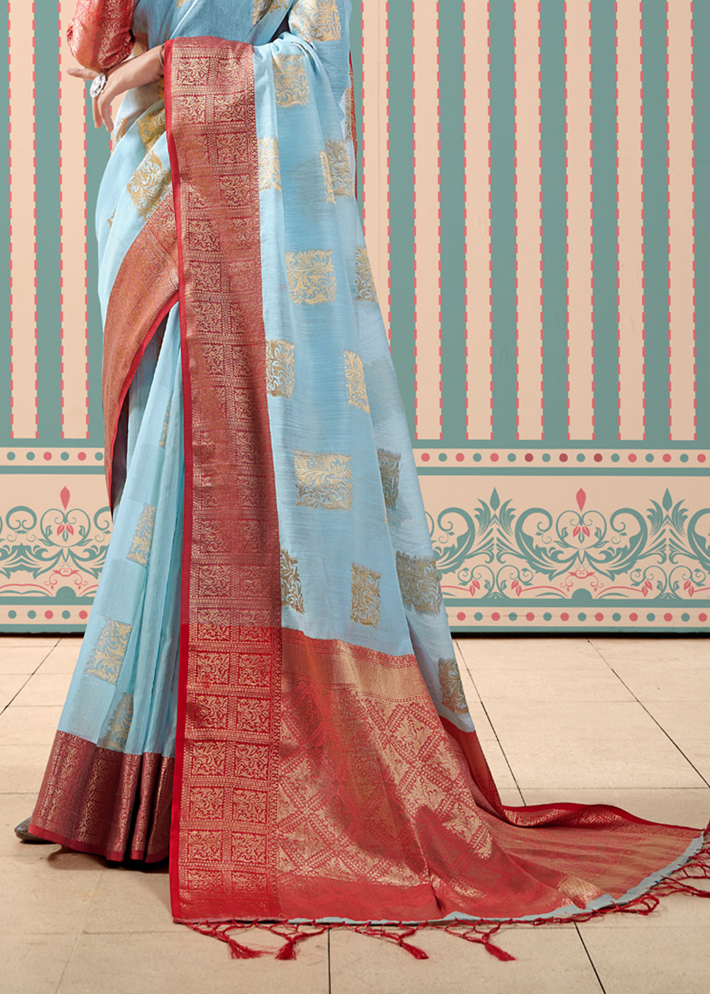 Rock Blue Zari Woven Banarasi Brocade Linen Saree