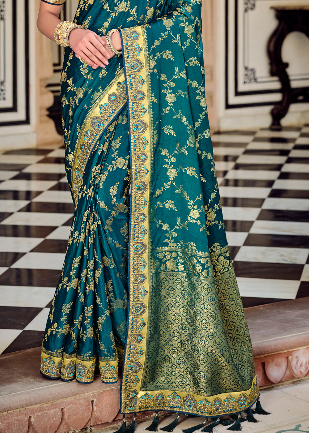 Nile Blue Zari Woven Designer Banarasi Saree