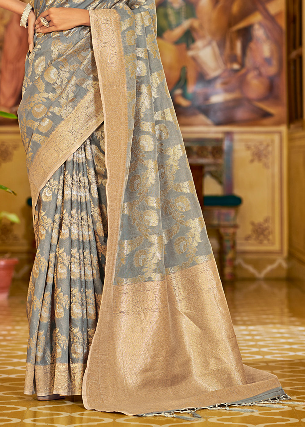 Natural Grey Zari Woven Banarasi Linen Saree