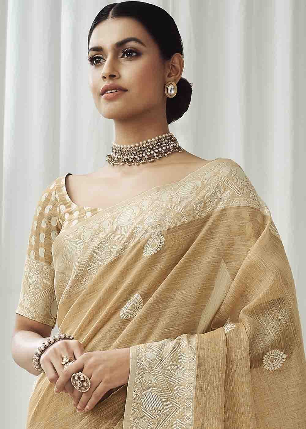 Twine Brown Chikankari Linen Saree