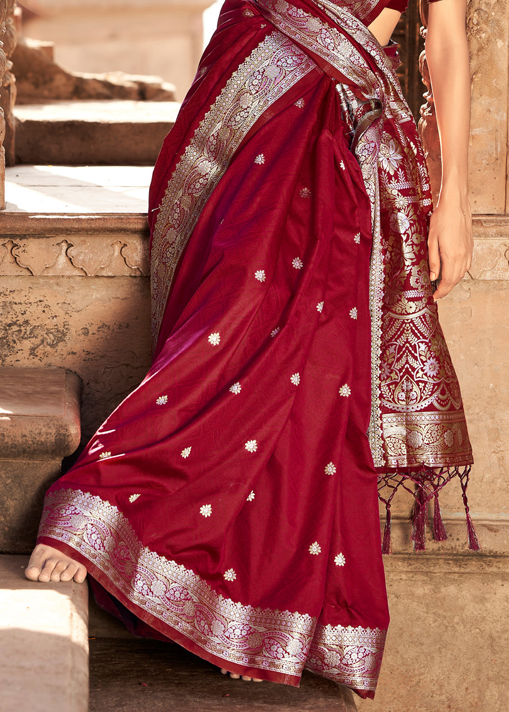 Dark Tan Maroon Woven Banarasi Satin Silk Saree