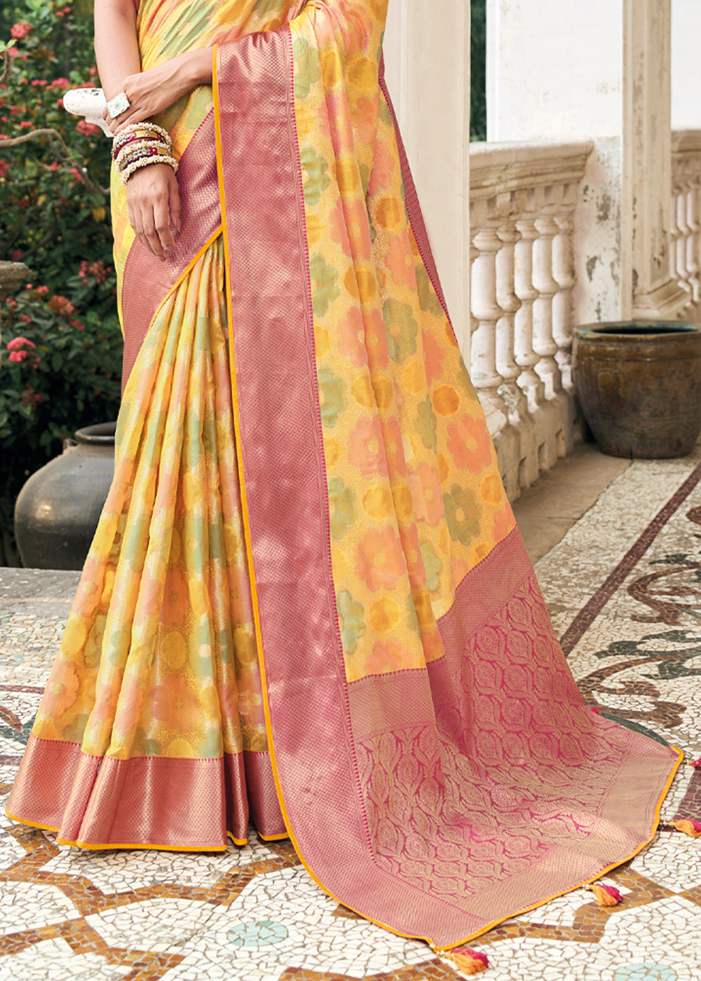 Wild Rice Yellow and Pink Woven Organza Banarasi Silk Saree