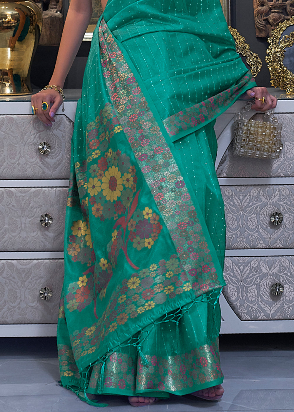 Niagara Green Woven Dual Tone Organza Banarasi Silk Saree