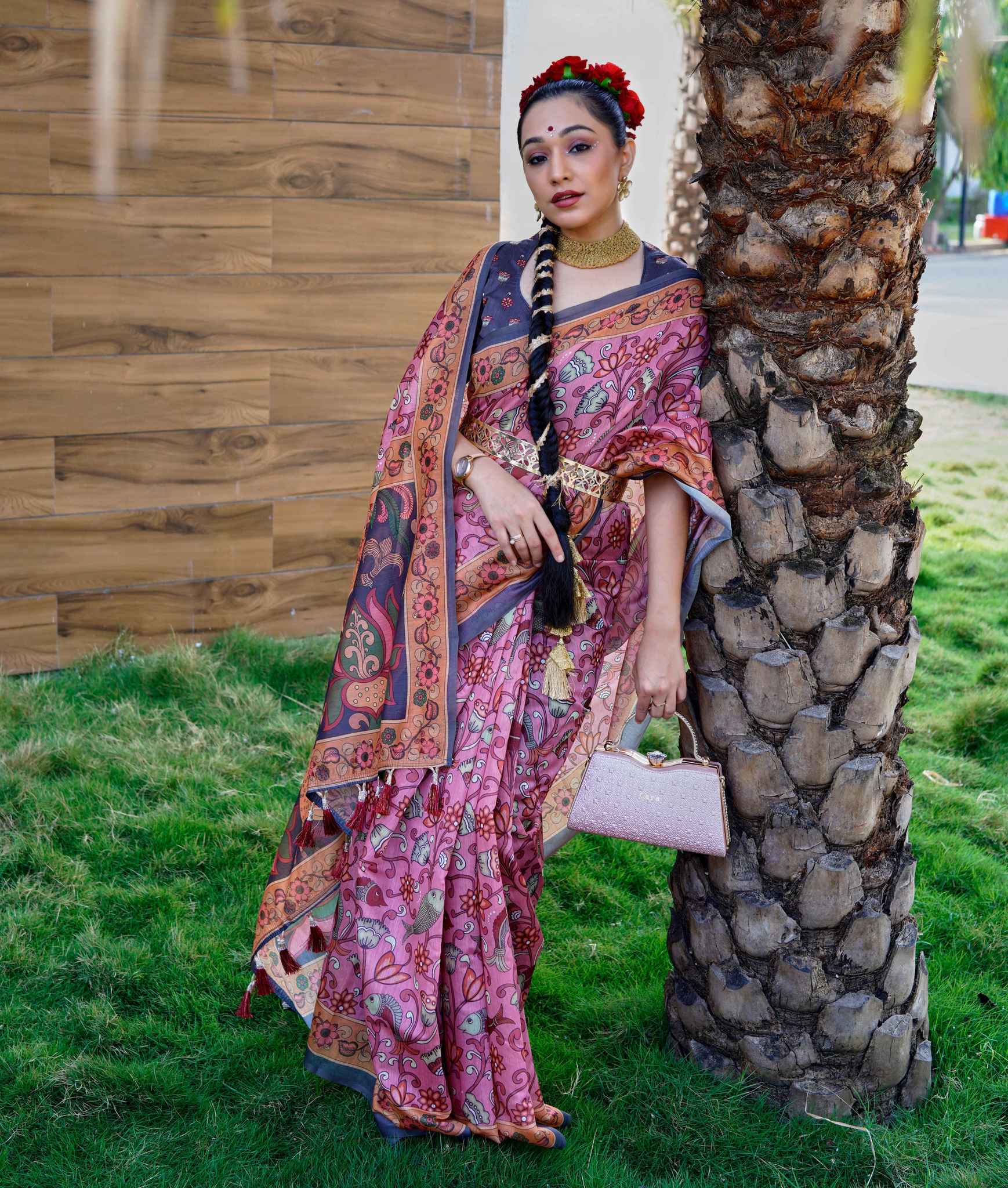 Hopbush Pink Cotton Kalamkari Printed Saree