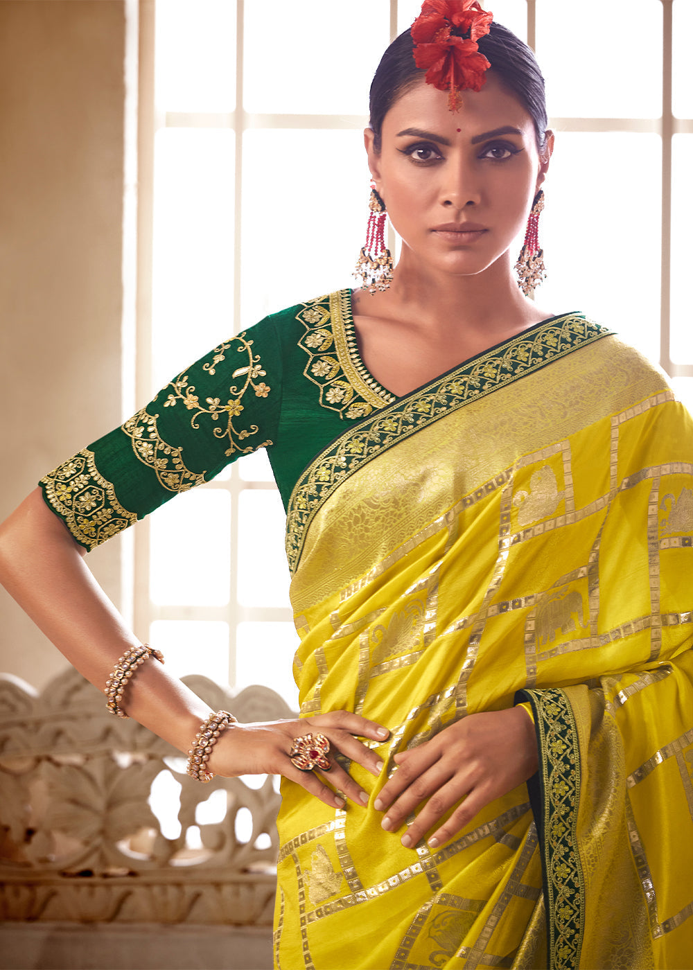 Grass Yellow and Green Banarasi Saree with Designer Blouse