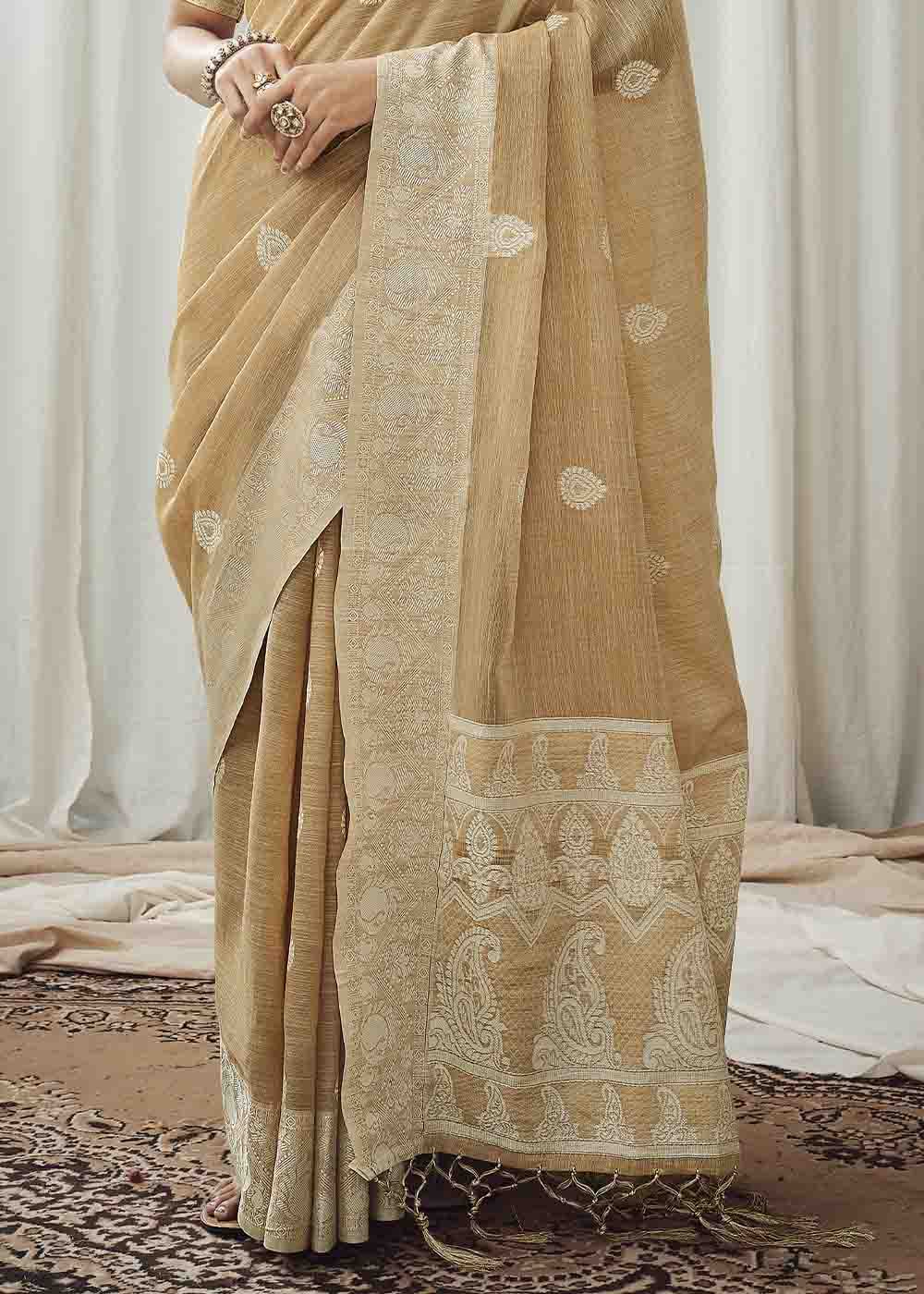 Twine Brown Chikankari Linen Saree