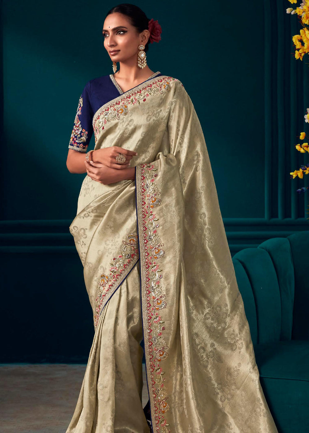 Hampton Cream Woven Embroidered Banarasi Silk Saree