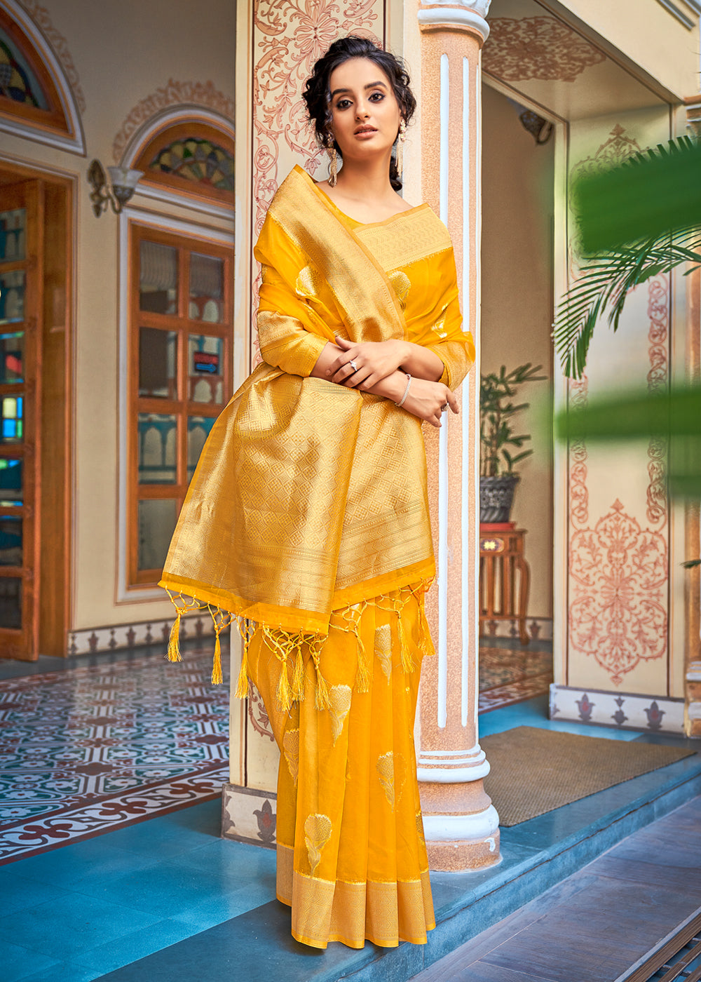 Glow Yellow Zari Woven Banarasi Organza Saree