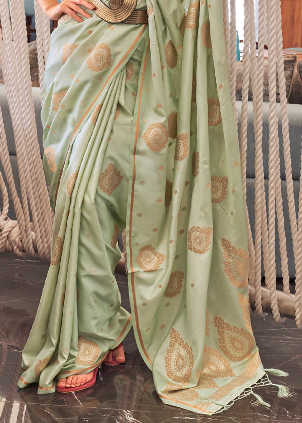 Avocado Green Bronze Zari Woven Satin Silk Saree