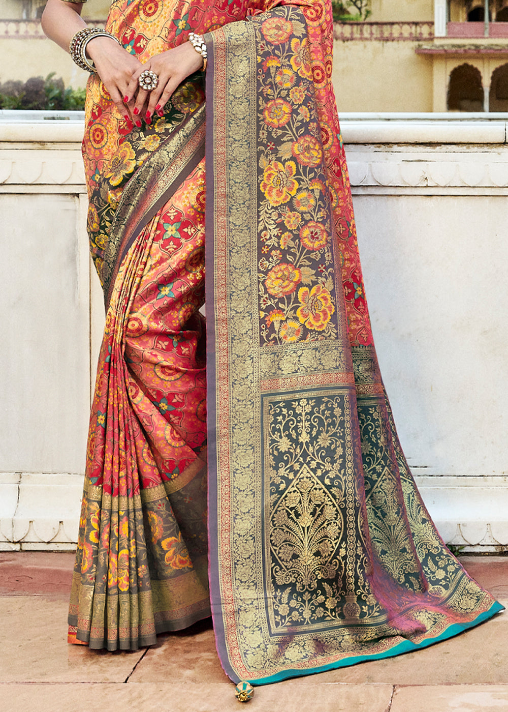 Raw Orange Red Designer Banarasi Saree