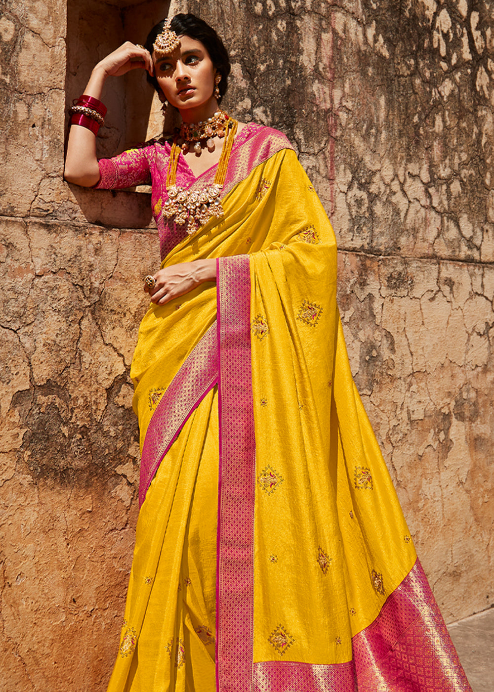 Fuel Yellow and Pink Zari Woven Designer Banarasi Saree