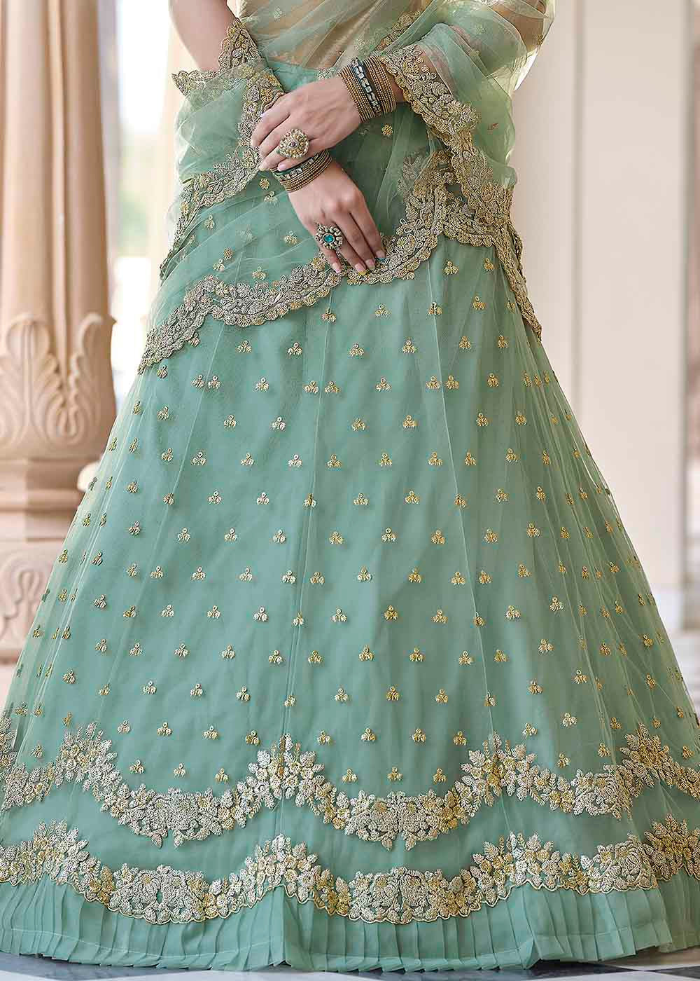 Oxley Green Soft Net Designer Lehenga Choli With Dori & Sequins Work