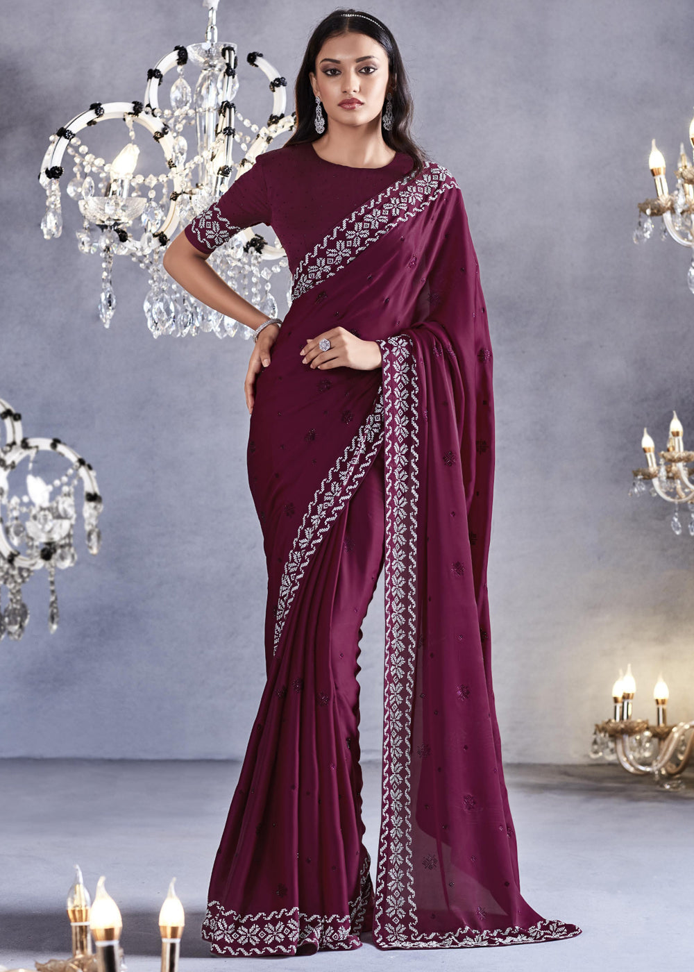 Au Chico Purple Woven Embroidered Satin Silk Saree