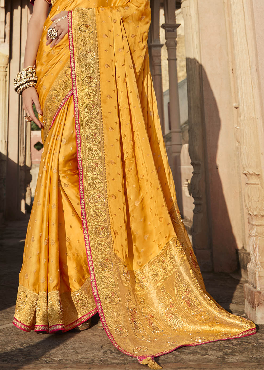 Glow Orange Zari Woven Banarasi Silk Saree with Embroidered Blouse