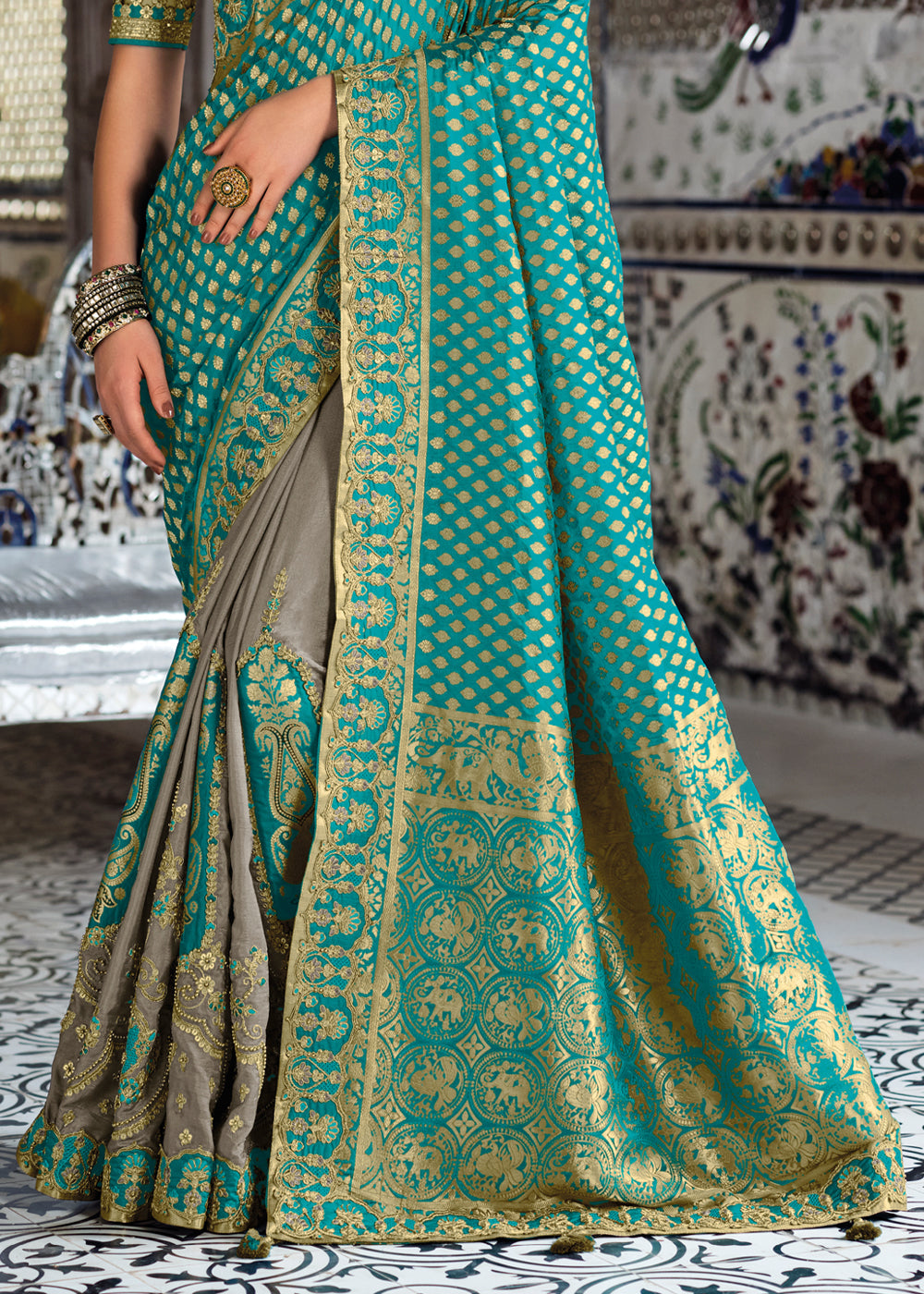 Timber Blue Zari Woven Designer Banarasi Saree